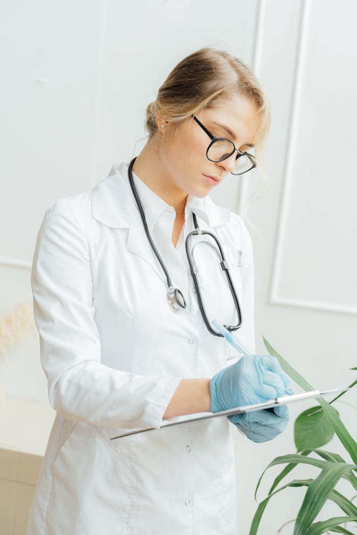 Female doctor with eyeglasses taking notes in a hospital, wearing a stethoscope and gloves.